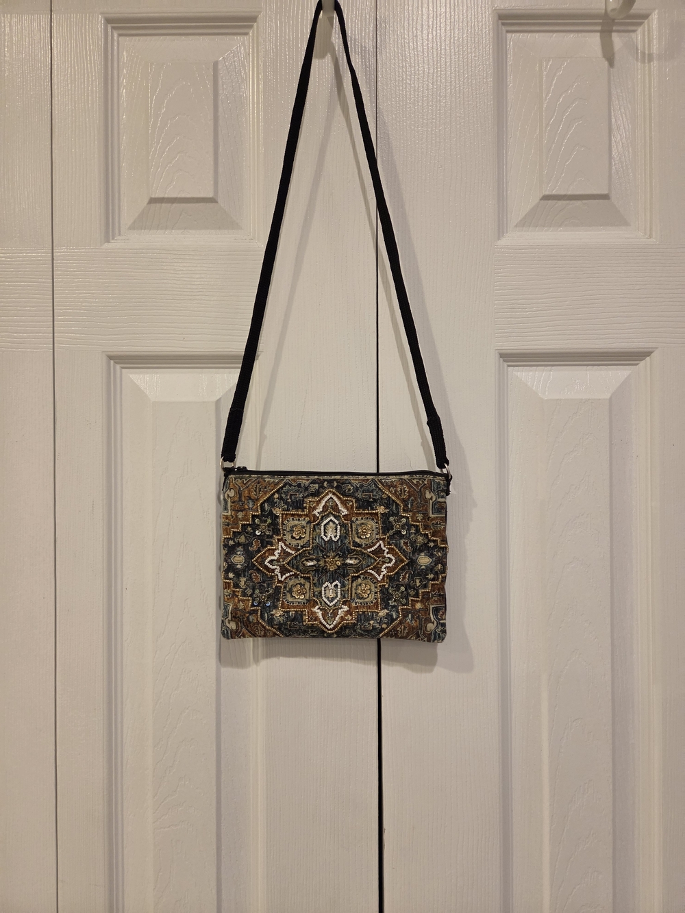 Beaded Boho Crossbody Bag in Blue and Brown, Cotton And Linen